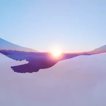 Two silhouetted wings against a pastel sunrise over mountains