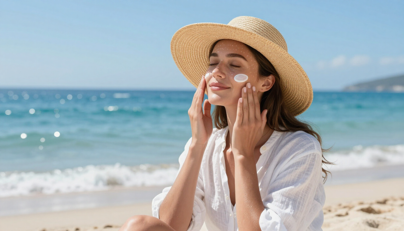 photorealistic person applying sunscreen on a bright sunny beach with clear blue water