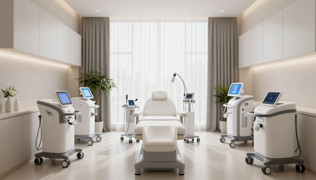 photorealistic luxury medspa treatment room with advanced equipment and soft lighting