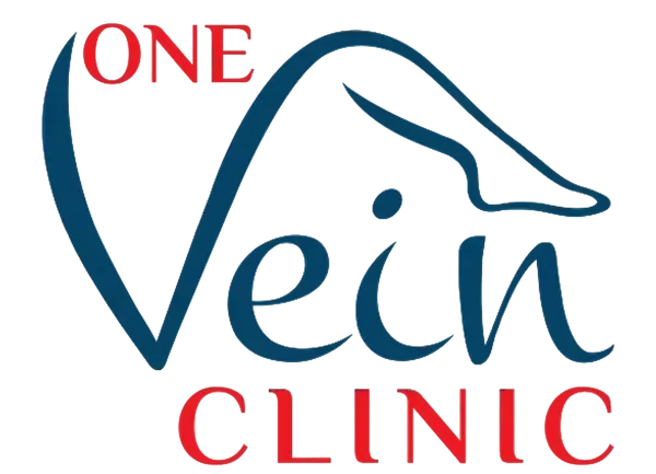 One Vein Clinic logo with blue and red text and a stylized vein graphic