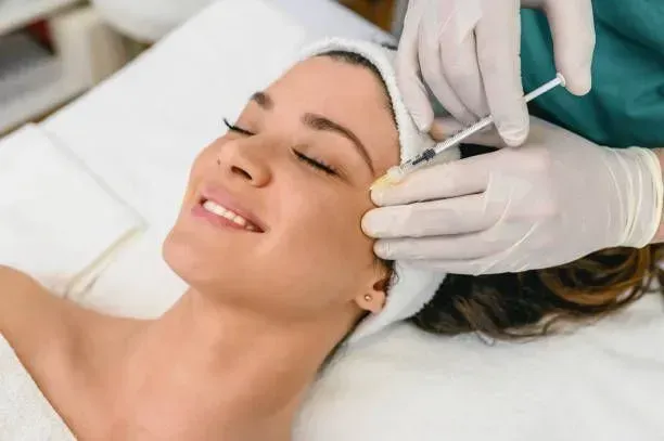 Facial treatment with gloved hands applying a device to a relaxed woman’s temple