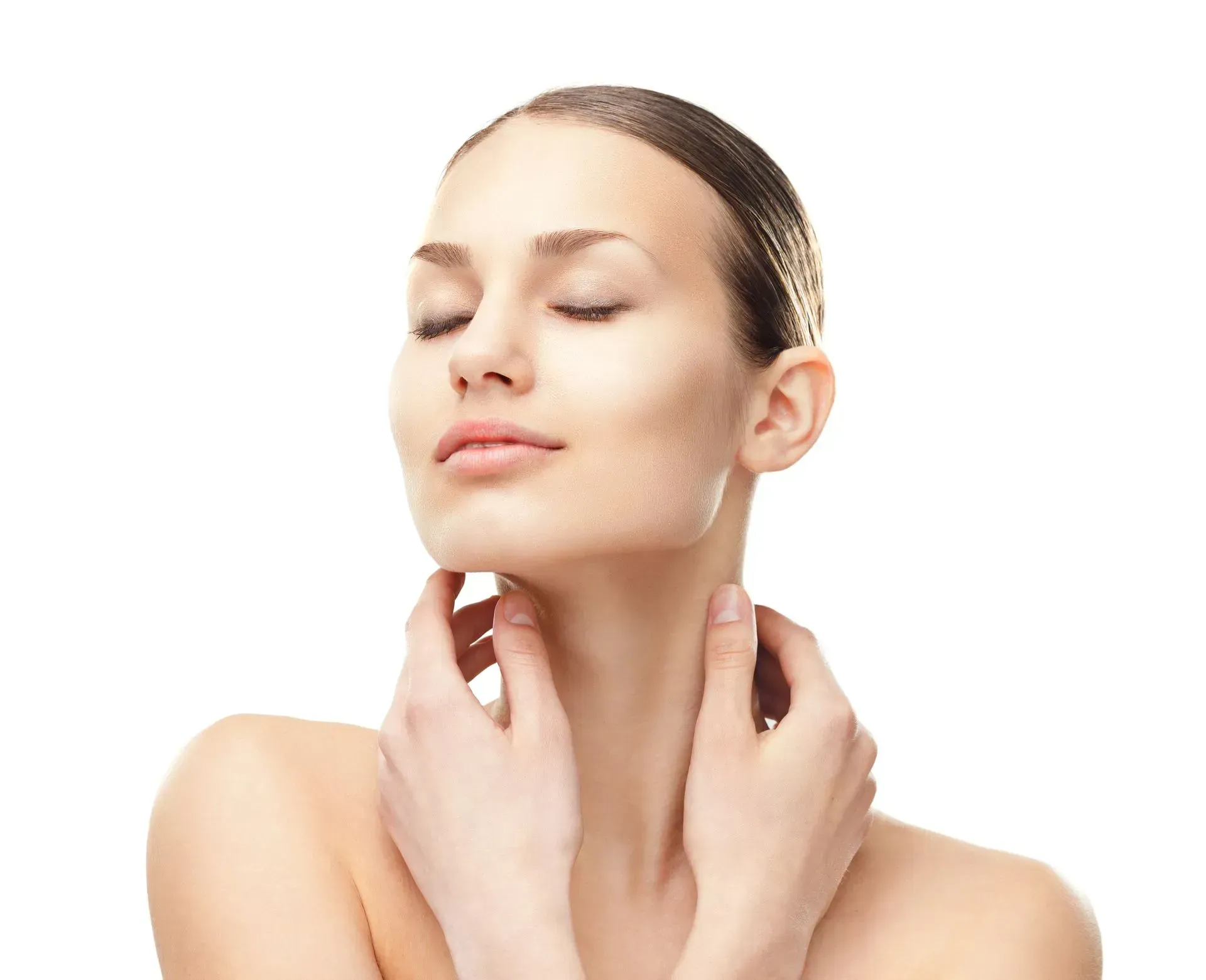 Woman with closed eyes gently touching her neck on a white background