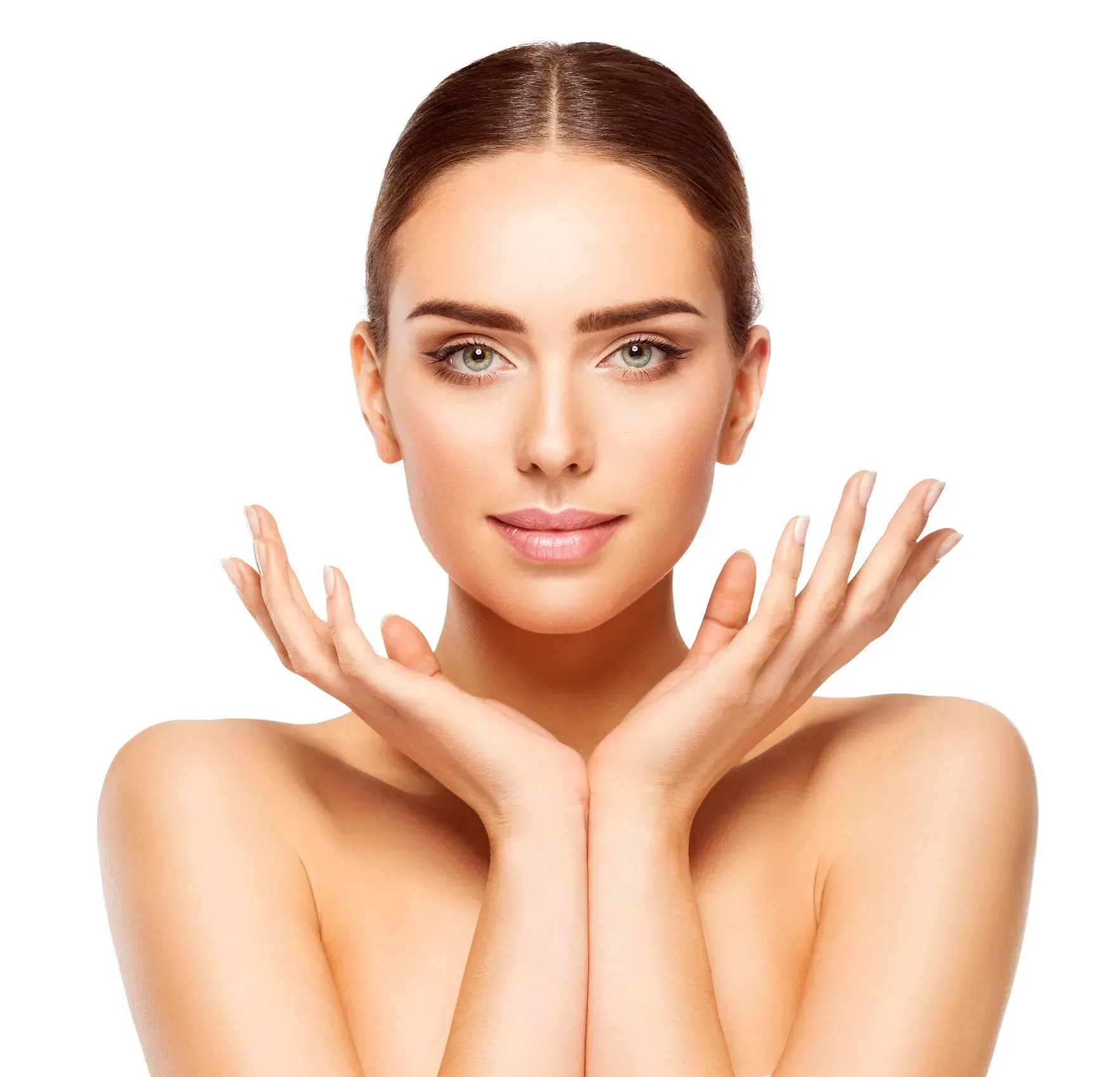 Portrait of a woman with hands framing her face on a white background