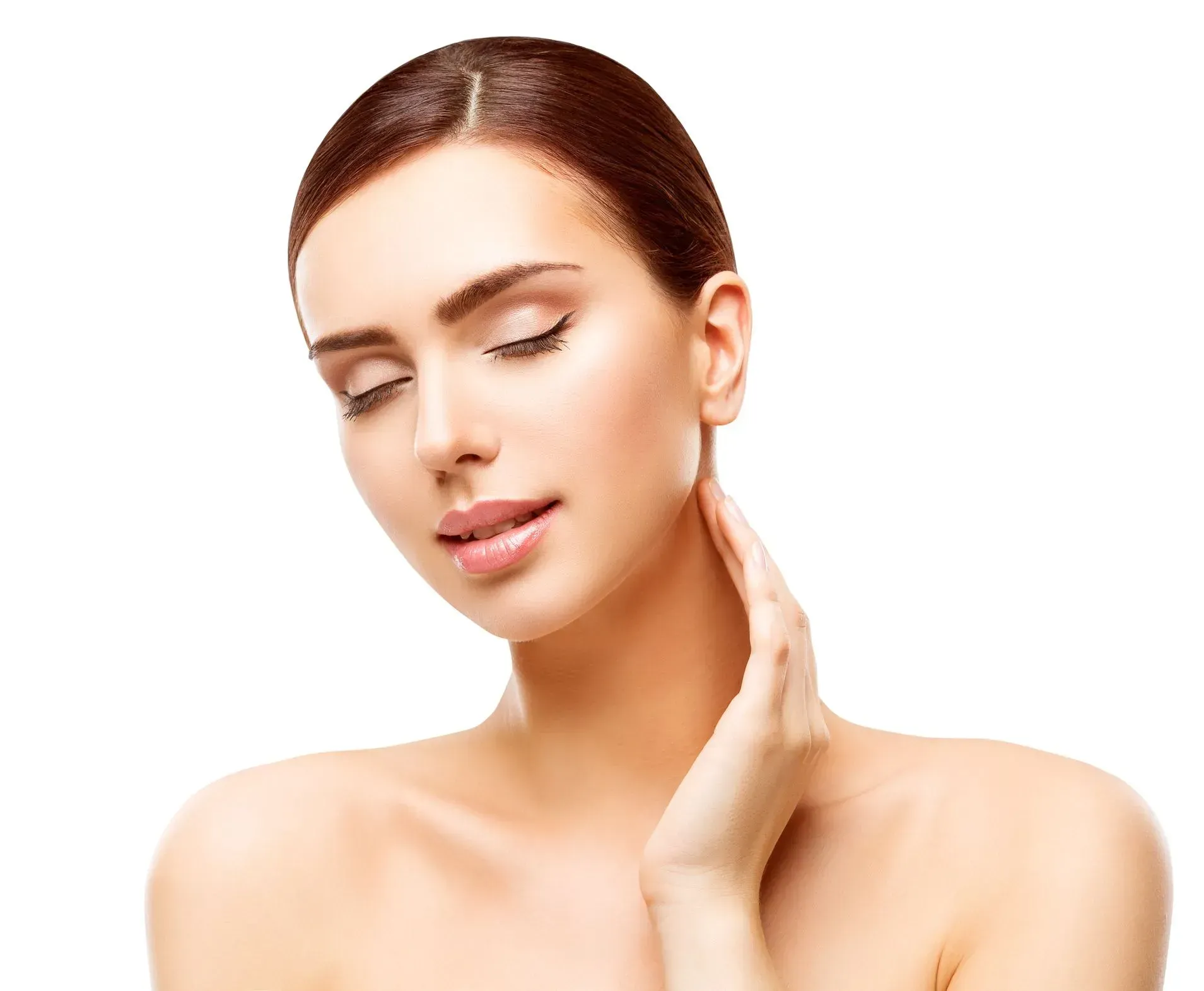 Woman with bare shoulders, eyes closed, gently touching her neck against a white background