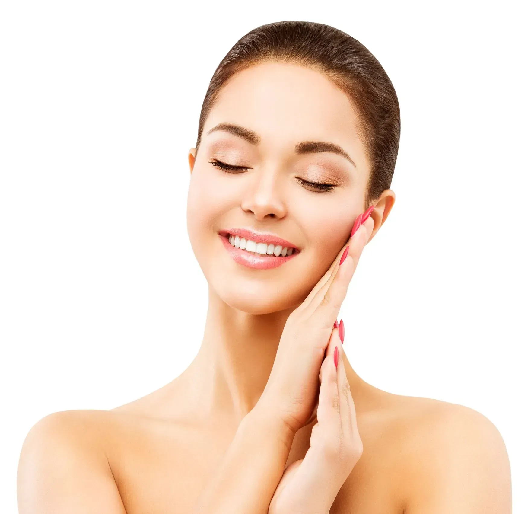 Smiling woman with eyes closed, touching her cheek against a white background