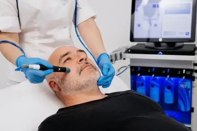 A clinician examines a man’s face with a handheld device in a medical clinic.