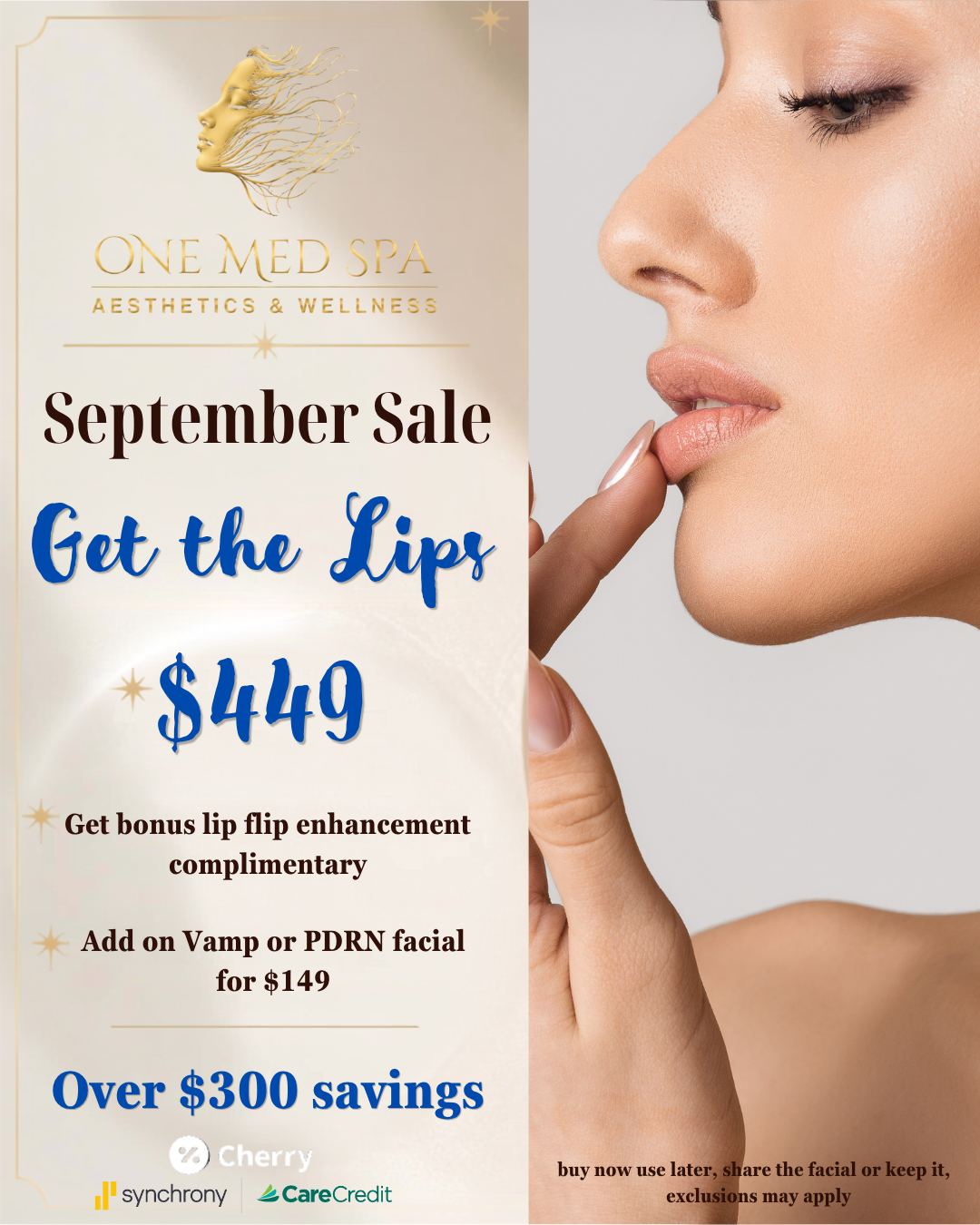 Botox promo showing practitioner injecting a smiling patient, with pricing and call-to-book text.