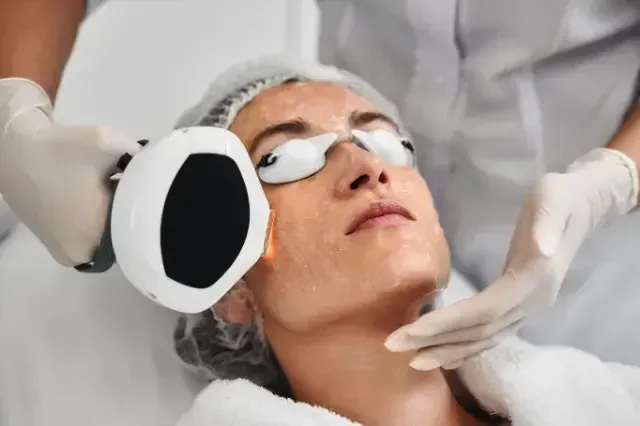 Person receiving a facial treatment with a handheld device and eye pads in a spa setting