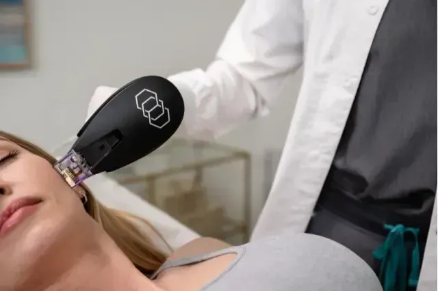 Clinician using a handheld device on a patient’s cheek in a medical spa setting