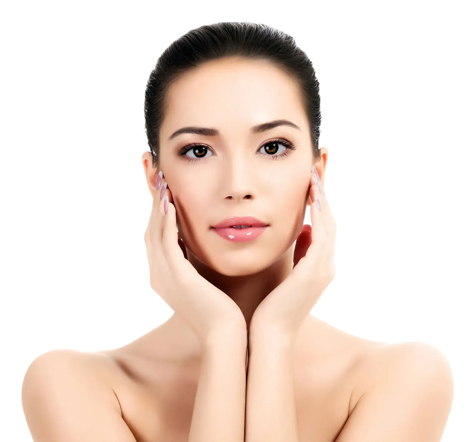 Portrait of a woman with hands on her face against a white background