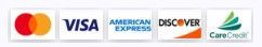 Credit card logos: Mastercard, Visa, American Express, Discover, and CareCredit on white background