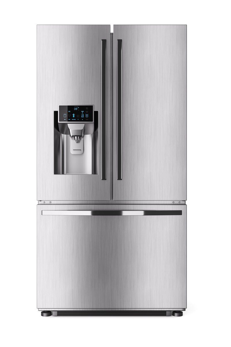 Stainless steel French door refrigerator with water and ice dispenser.