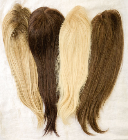 Four hairpieces in varying shades of blonde and brown.