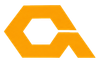 Logo geometrico arancione con ritaglio esagonale su sfondo bianco.