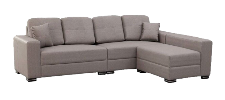 A grey couch and a black and white chair on a white background.
