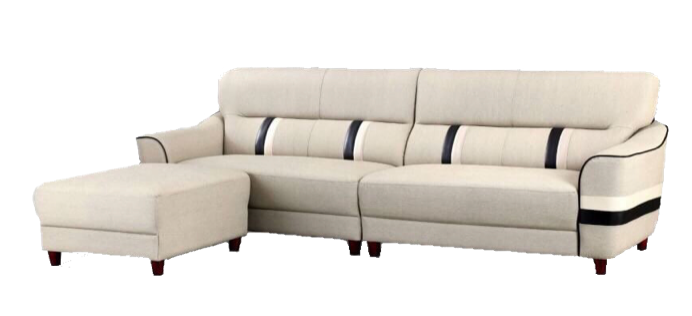 A grey couch and a black and white chair on a white background.