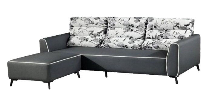 A grey couch and a black and white chair on a white background.