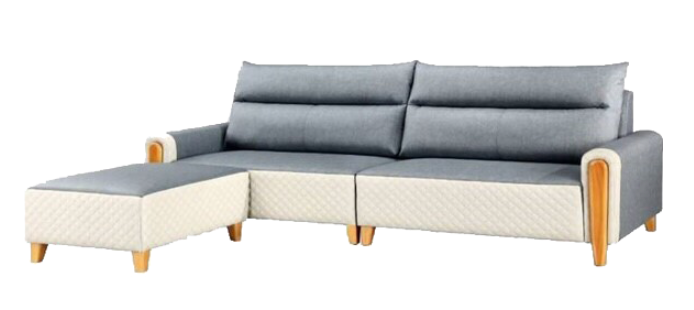 A grey couch and a black and white chair on a white background.