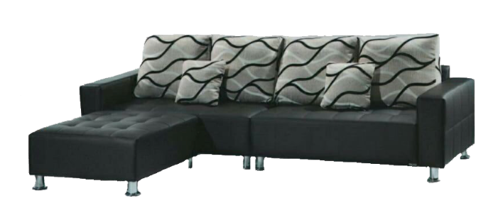 A grey couch and a black and white chair on a white background.