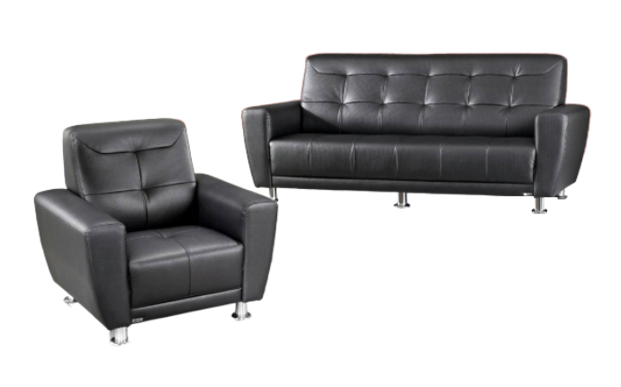 A grey couch and a black and white chair on a white background.