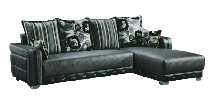 A grey couch and a black and white chair on a white background.
