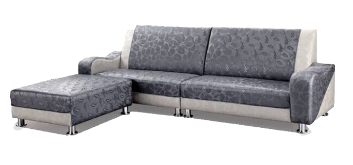A grey couch and a black and white chair on a white background.
