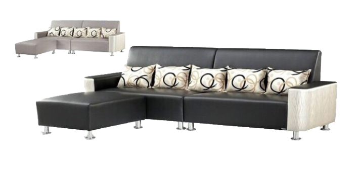 A grey couch and a black and white chair on a white background.