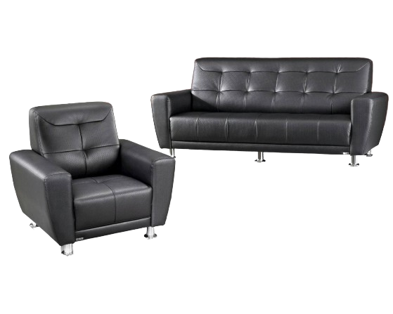 A black leather couch and chair on a white background.
