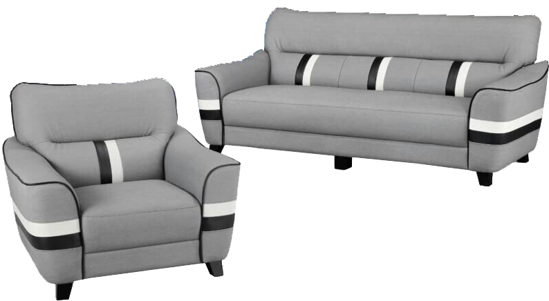 A grey couch and a black and white chair on a white background.