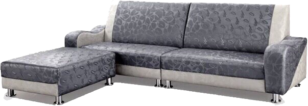 A gray and white sectional couch with an ottoman on a white background.