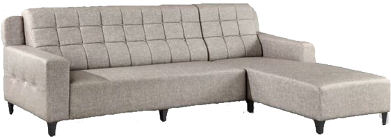 A beige sectional couch with a chaise lounge on a white background.