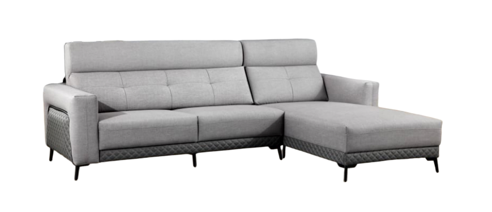A grey sectional couch with a chaise lounge on a white background.