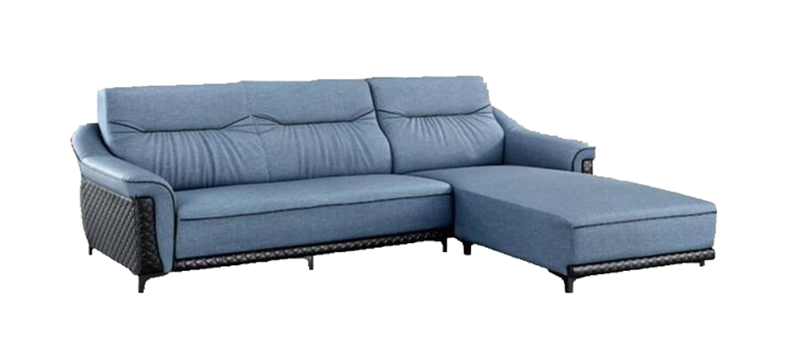 A blue sectional couch with a chaise lounge on a white background.