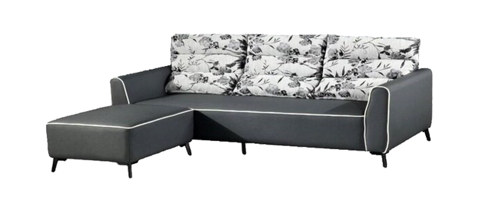 A grey sectional couch with white pillows on a white background.