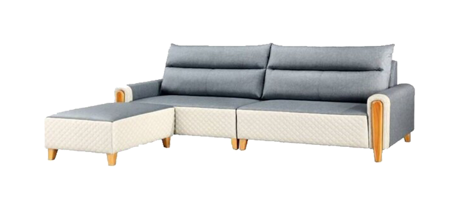 A grey and white sectional couch with wooden legs on a white background.