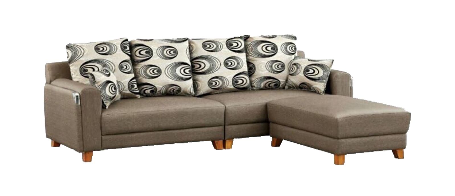 A brown leather sectional couch with polka dot pillows on a white background.