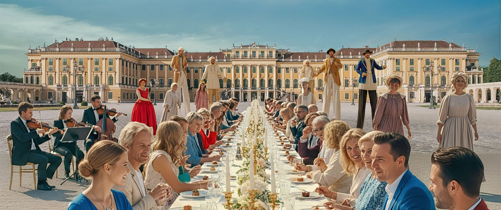 Guests dining at The Grand Table in the Ehrenhof courtyard of Schönbrunn Palace, Vienna, 2025 event