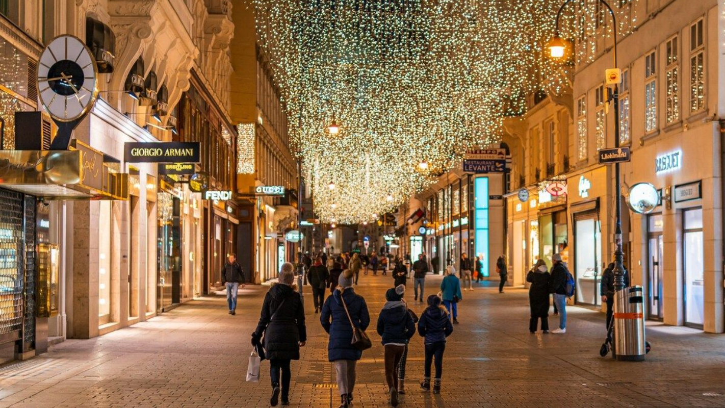 Kohlmarkt street in Vienna at night with festive lights and evening shoppers