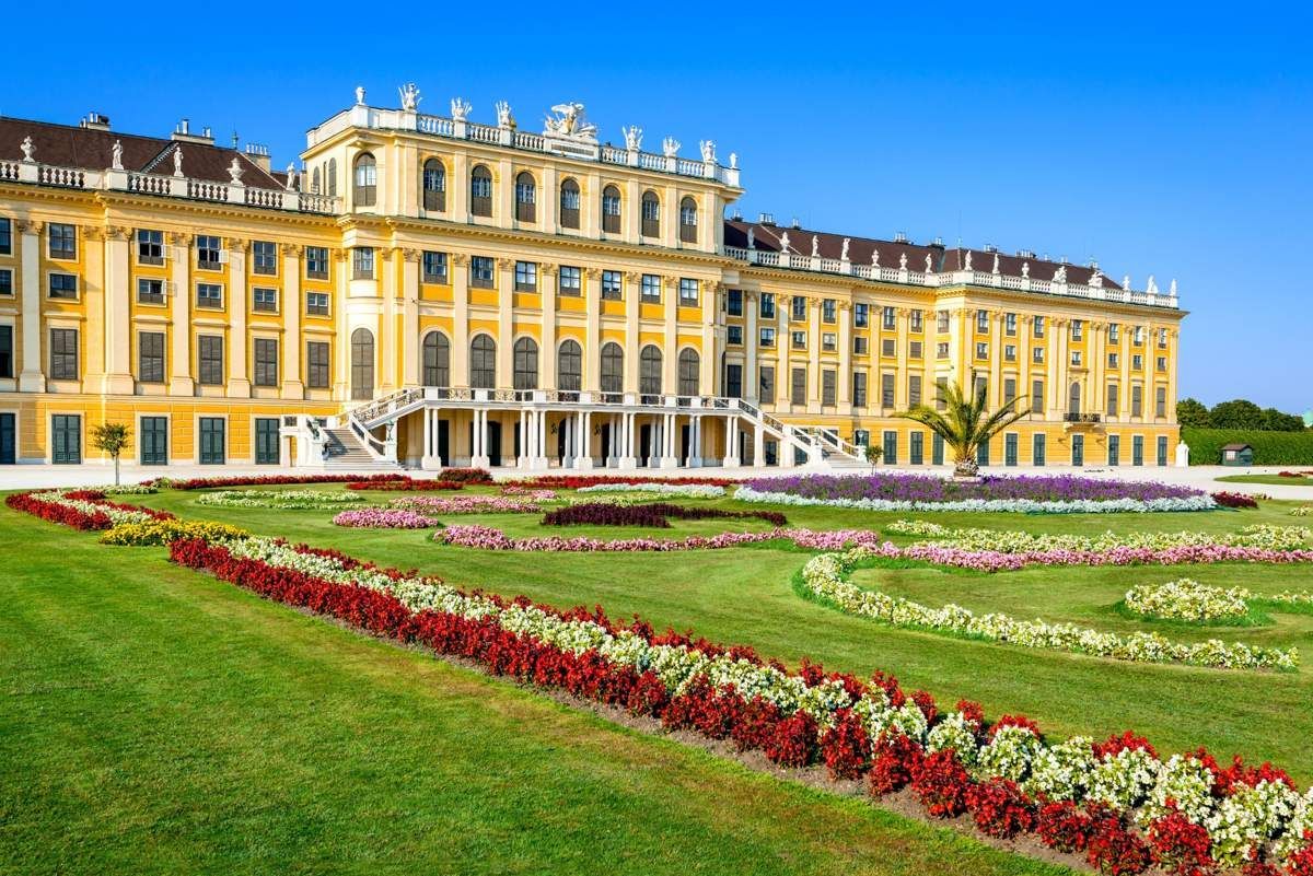 Schönbrunn Palace front view with formal gardens in Vienna