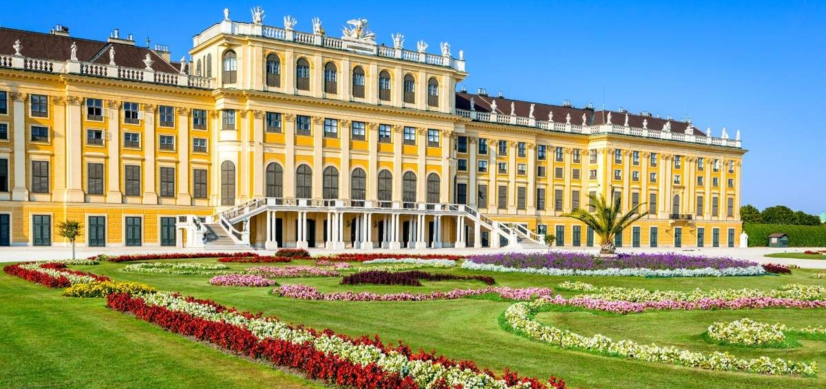 Schönbrunn Palace in Vienna with gardens in front