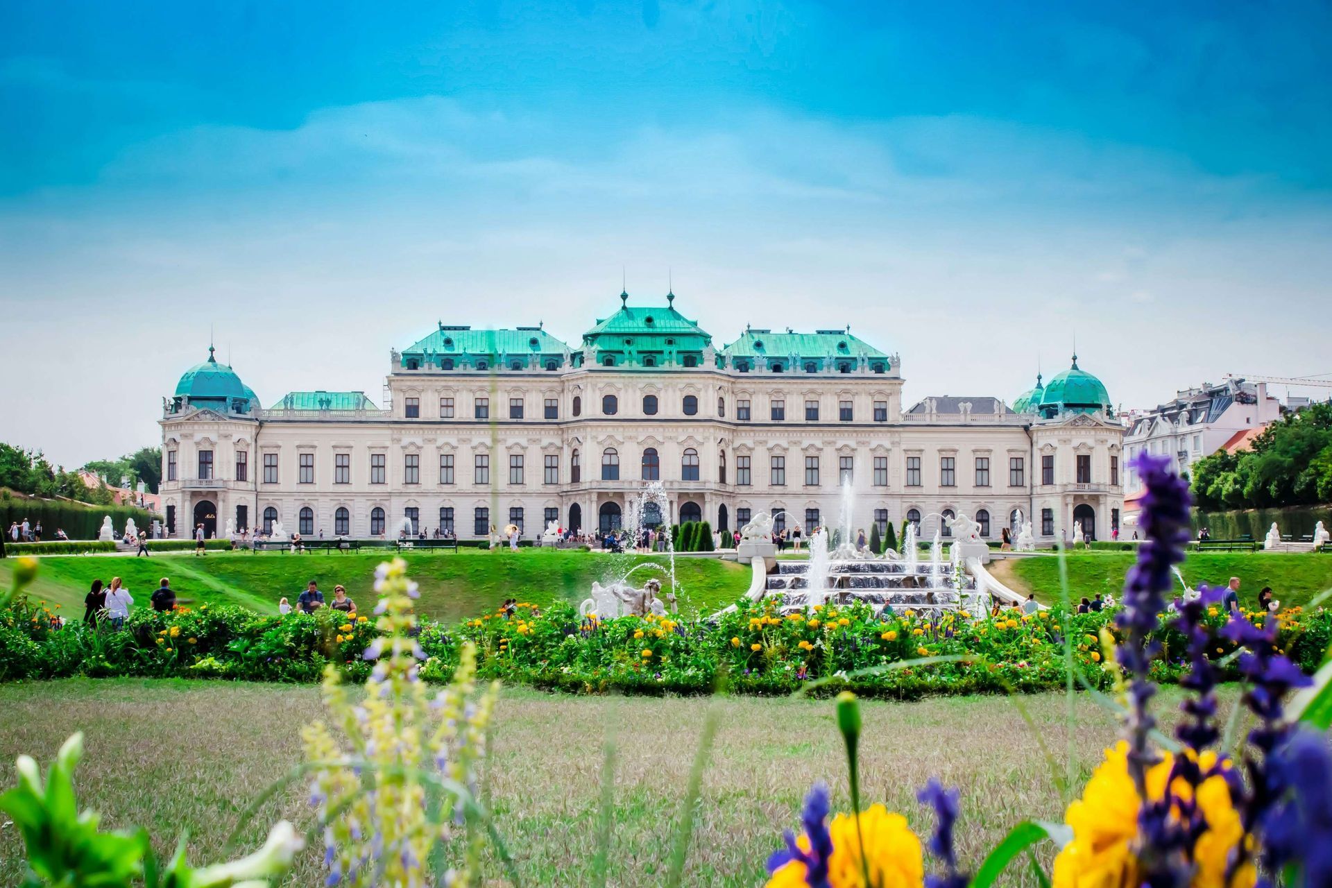 Belvedere Palace Vienna exterior view with blooming gardens and fountain