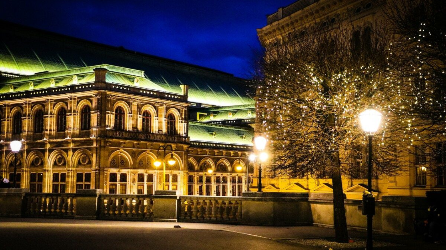 Vienna State Opera viewed from the Albertina terrace at night