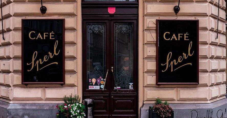 Entrance of the historic Café Sperl in Vienna with vintage signage