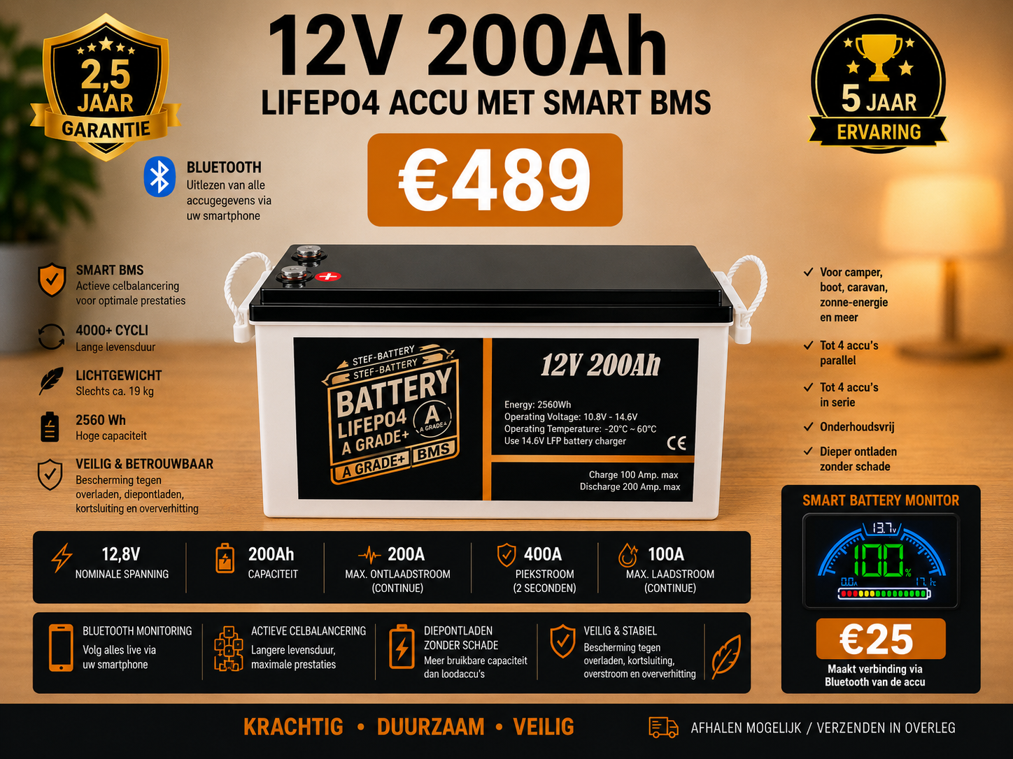 12 Volt 200Ah Lifepo4 Lithium accu met SMART BMS en Bluetooth