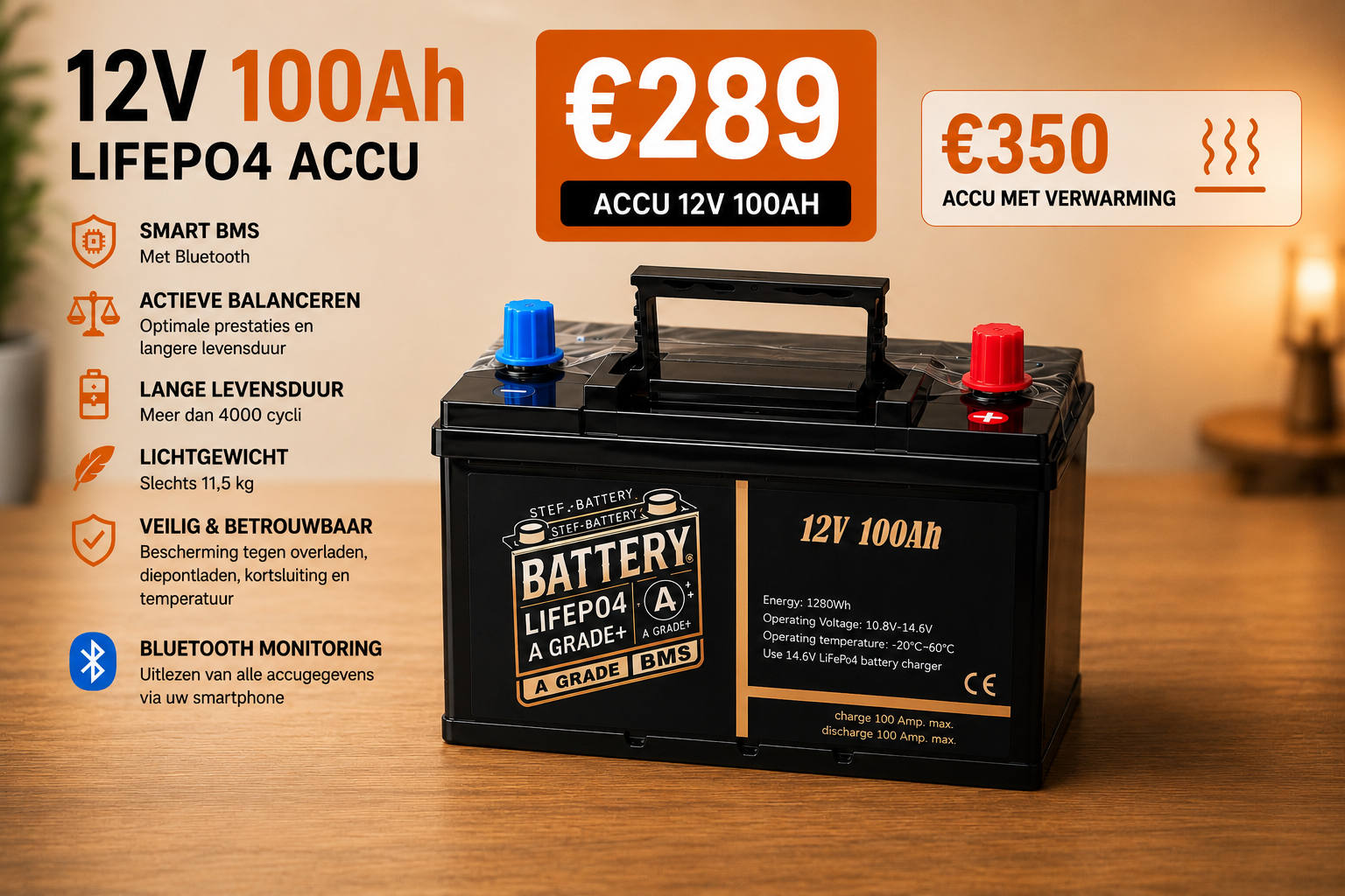 €289 Premium LiFePO4 Accu’s 12 Volt 109 Ah met smart BMS EN BLUETOOTH