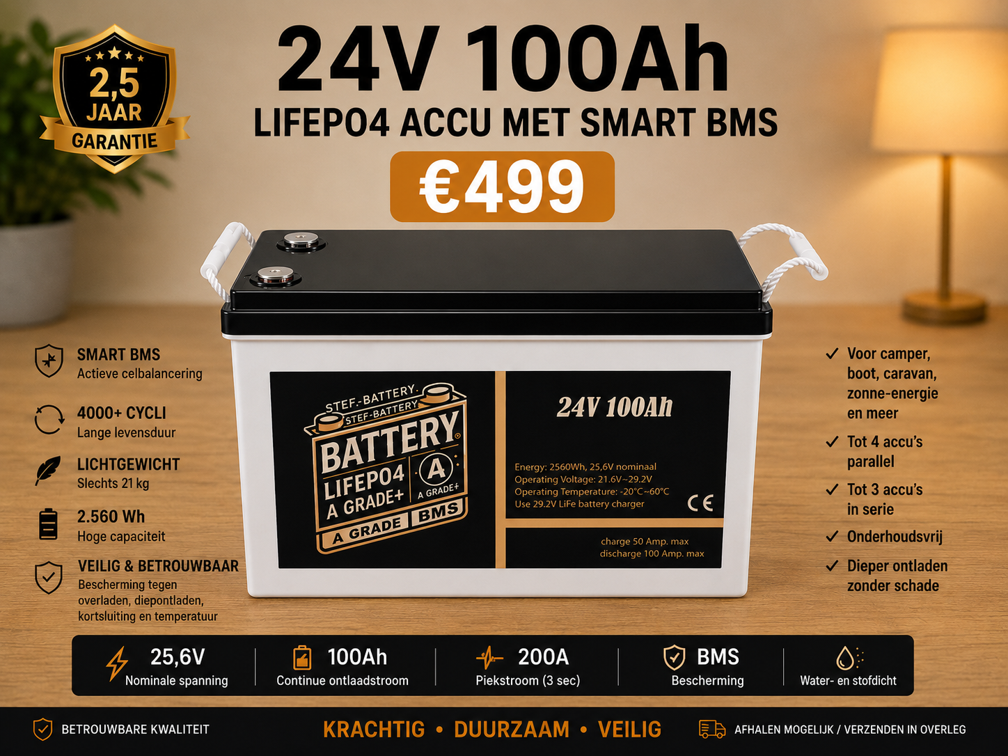 24 Volt 100 Ah LiFePO4-accu met Smart BMS
