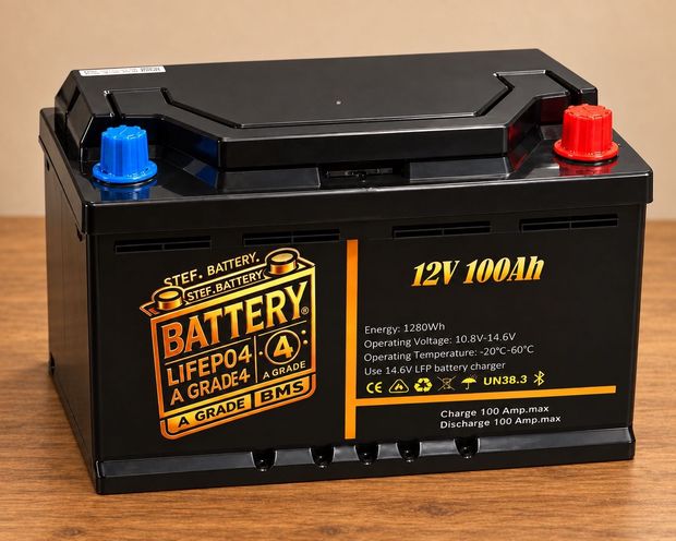 StefBattery Premium 12V 100Ah LiFePO4 accu met blauwe en rode aansluitpolen