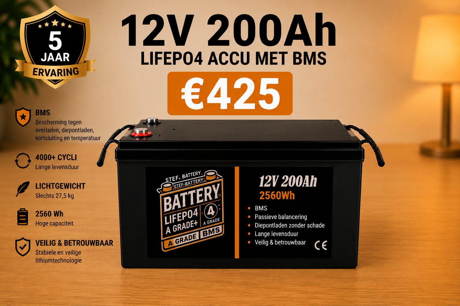 12V 200 Ah Lifepo4 lithium accu met BMS met A-grade accucellen prijs €425