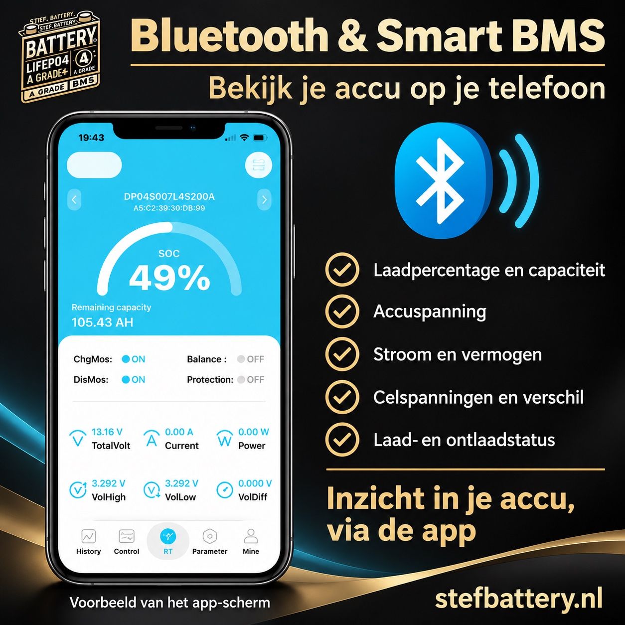 Voorbeeld Bluetooth-app: laadpercentage, capaciteit en accugegevens