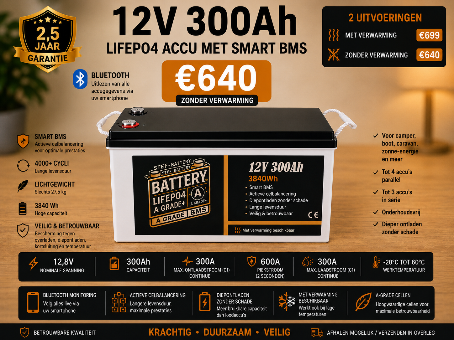 12 volt 300 Ah lifepo4 lithium accu met smart BMS en Bluetooth hoge ontlaat stroom 300 Ampere
